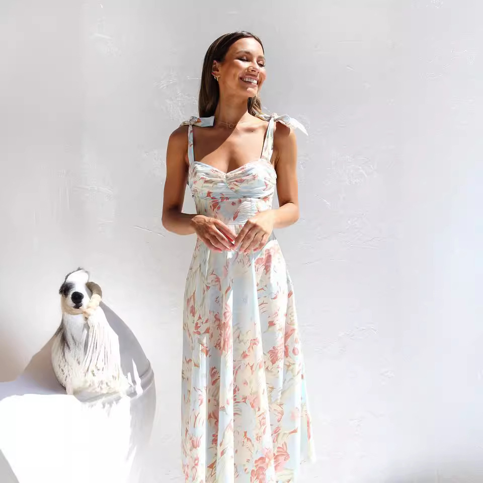 Women's V-Neck Printed Midi Dress with Waist-Cinching Slimming Fit
