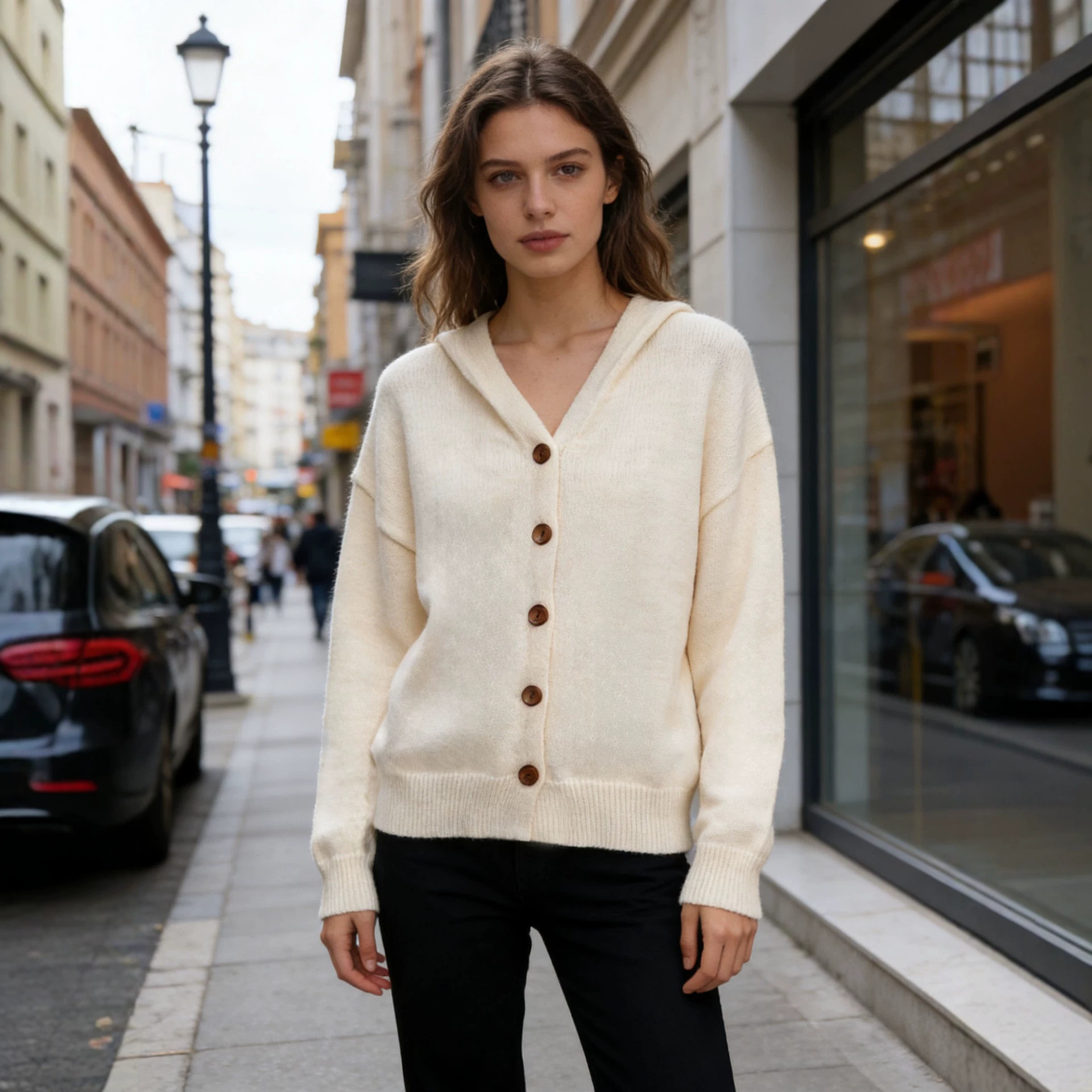 Button-Up Knit Hooded Cardigan Long Sleeve Solid Color Casual Women's Jacket
