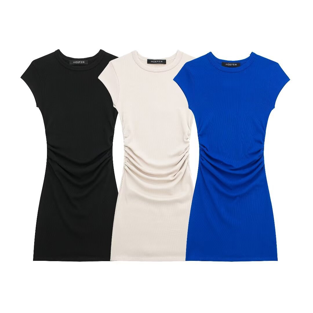 Women's Ruched Ribbed Bodycon Dress with 3D Detail