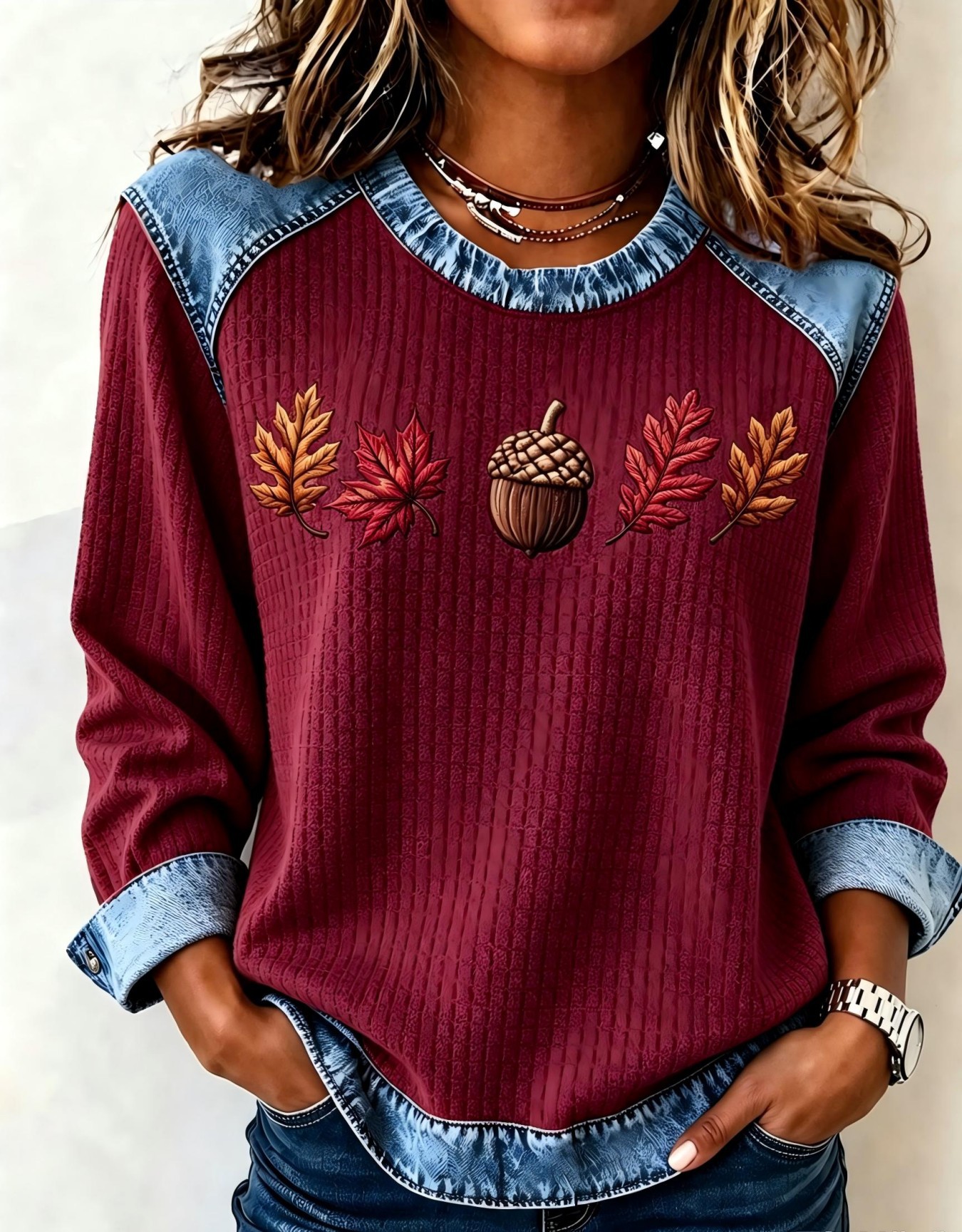Nut Leaf Maple Print Crewneck Long Sleeve Pullover Sweatshirt