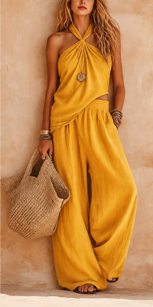 Women's Solid Halter Tank Top & Wide-Leg Pants Set