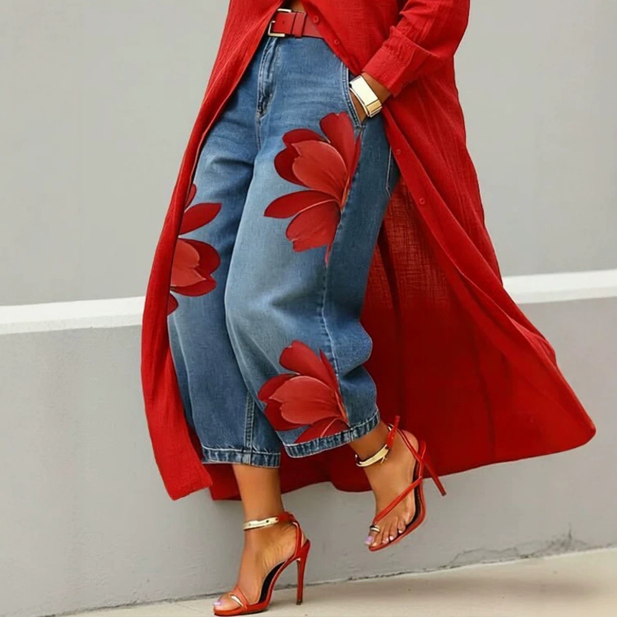 Faux Denim Print Wide-Leg Pants for Women, Loose Fit, Comfortable, Versatile