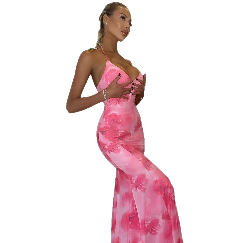 Floral Print Open-Back Cami Mermaid Maxi Dress