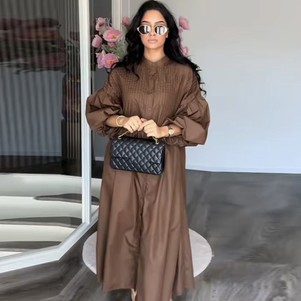 Women's Three-Color Round-Neck Button-Front Puff-Sleeve Textured Dress