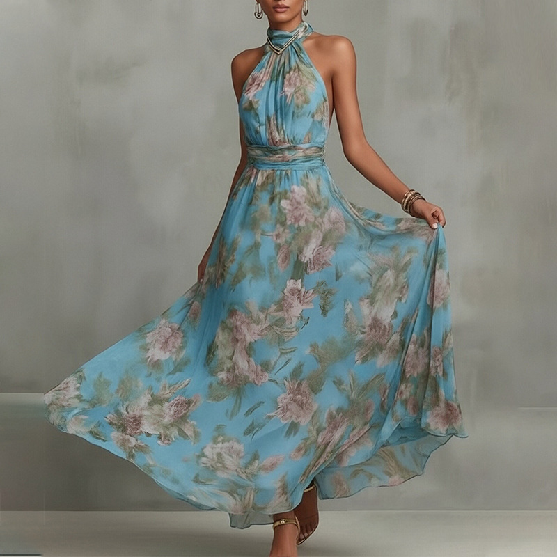 Elegant Floral Print Halter Sleeveless Bodycon Midi Dress