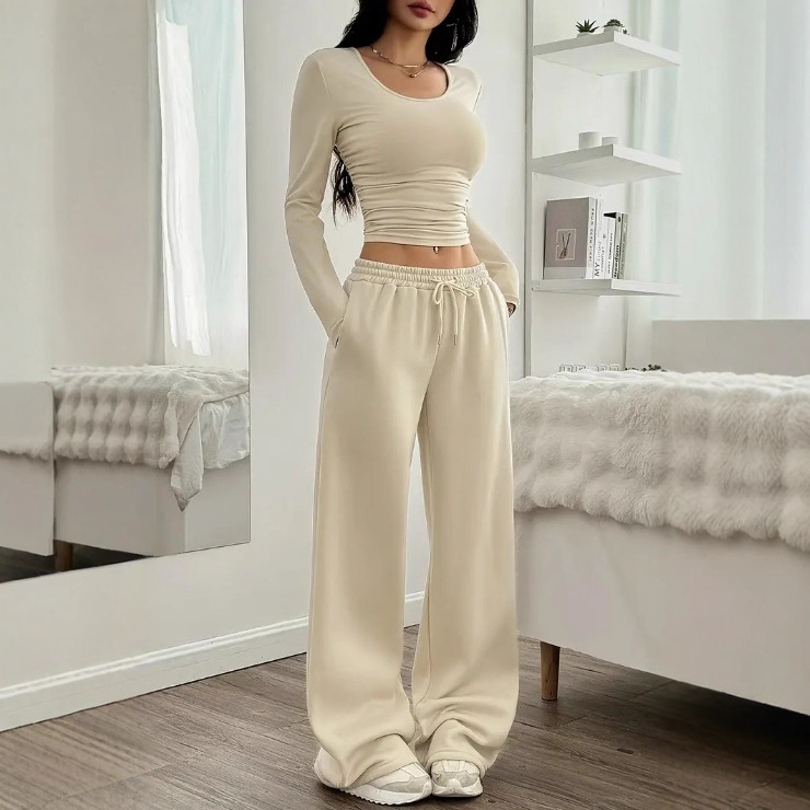 Women's Casual Wide-Leg Two-Piece Set Long Sleeve Crew Neck Solid Color Slim Fit