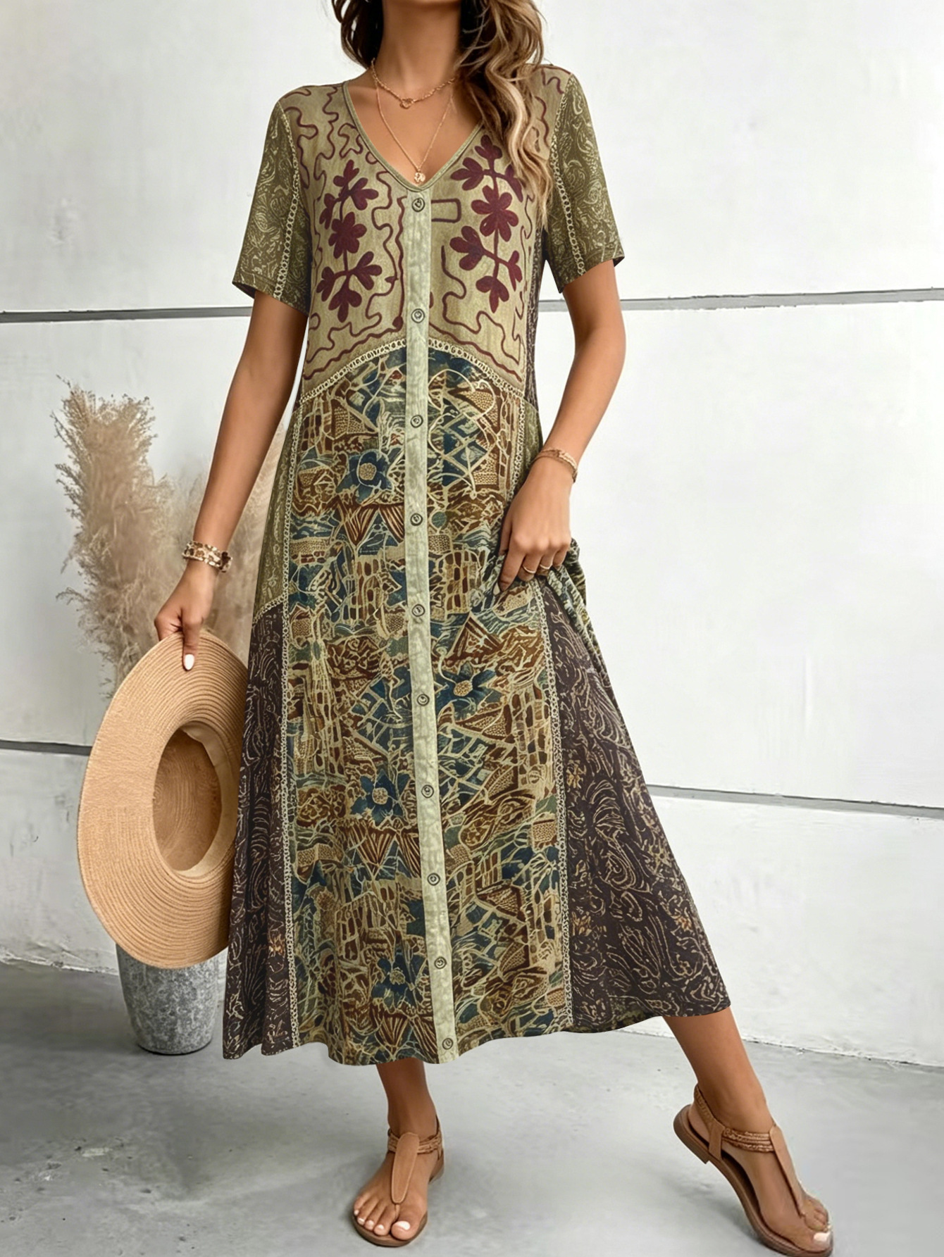 Bohemian Geometric Print V-Neck Button A-Line Midi Dress