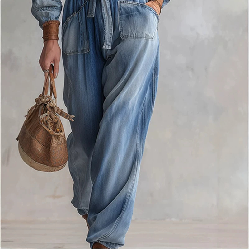 Retro Patchwork Blue Washed Denim Jumpsuit