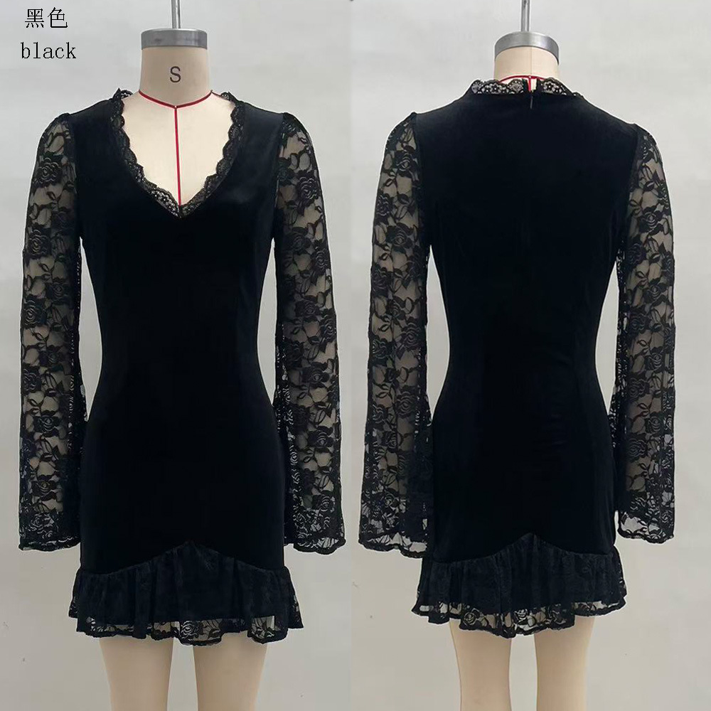 Women's Deep V-Neck Long Sleeve A-Line Dress Solid Color Patchwork