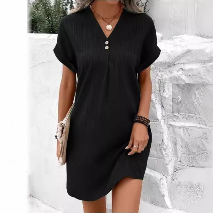 V-Neck Solid Button A-Line Midi Dress Short Sleeve Casual