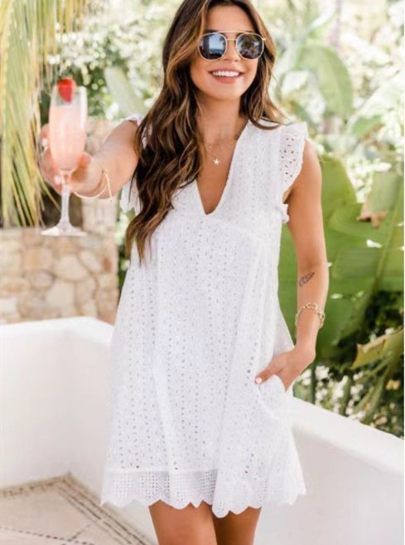 Women's Lace Jacquard Cutout V-Neck Midi Dress with Pockets