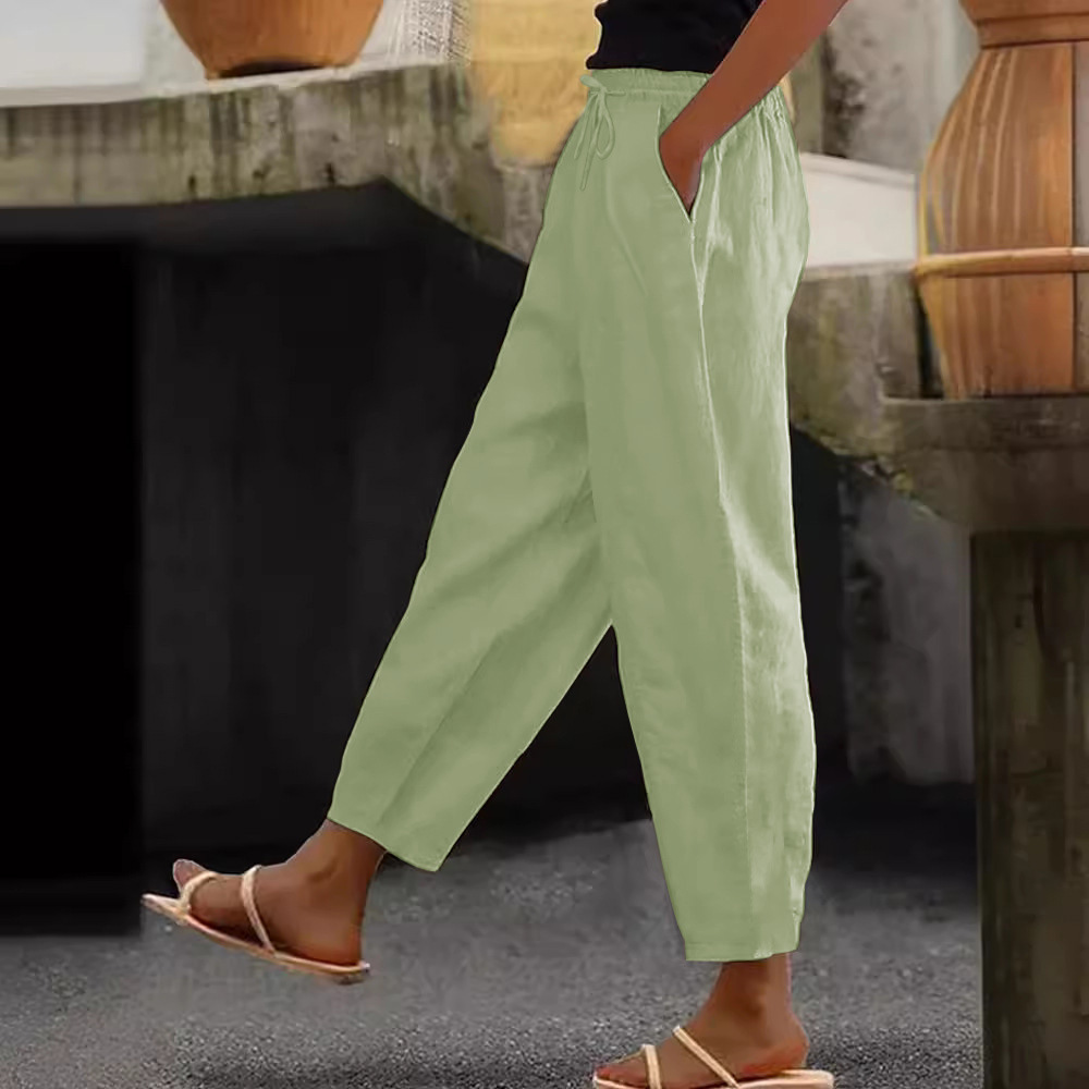 Women's Cotton-Linen Blend Solid Color Casual Pants with Side Pockets and Drawstring