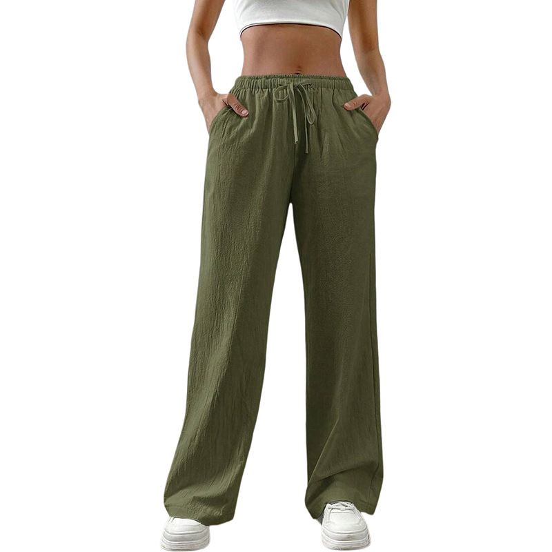 Women's Cotton Linen Wide-Leg Pants Casual Loose High-Waist Drawstring