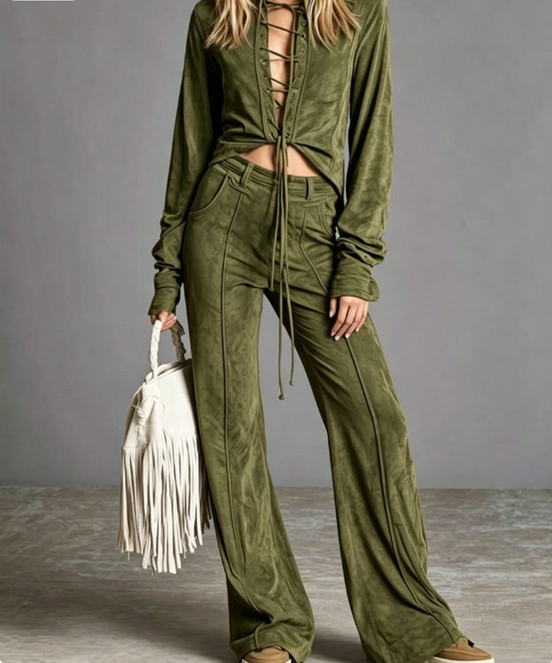 Women's Western Style Suede Cardigan and Pants Set