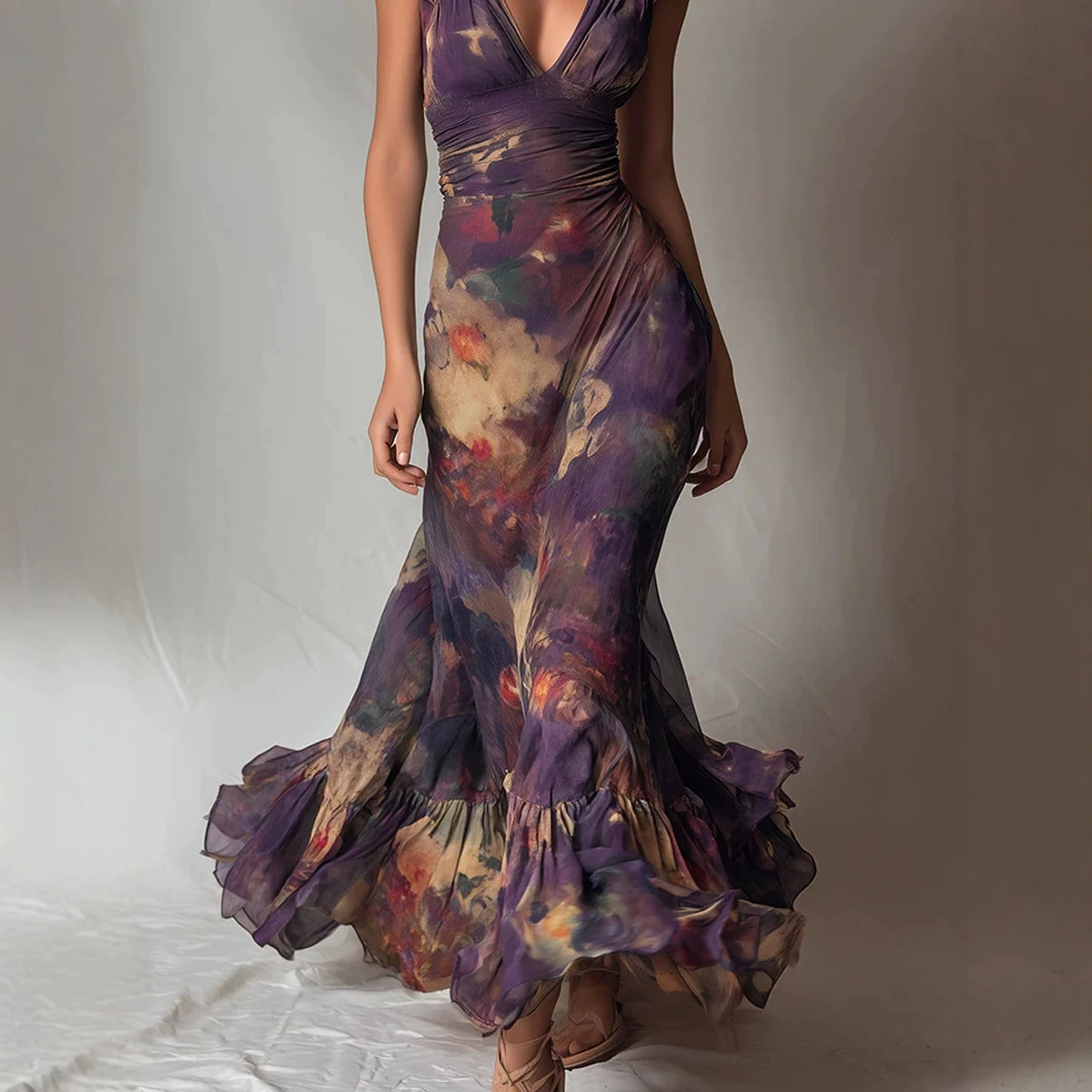Deep V Ruffled Sleeve Purple Tie-Dye Print Mermaid Maxi Dress