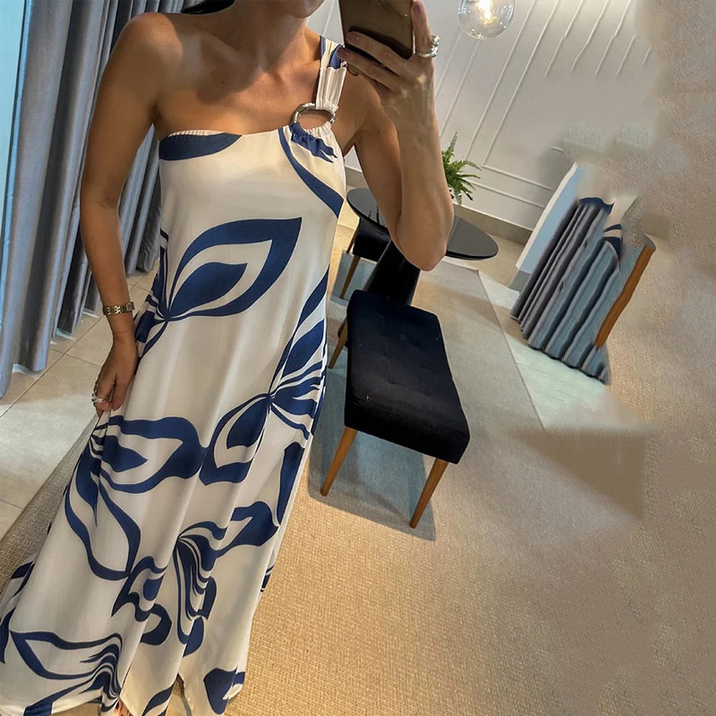 Women's Digital Print Asymmetric Neck Loose Cami Dress