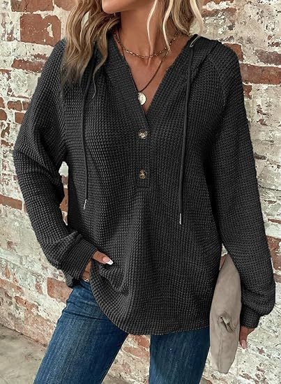 Women's Waffle Knit Drawstring Button V-Neck Hooded Sweatshirt