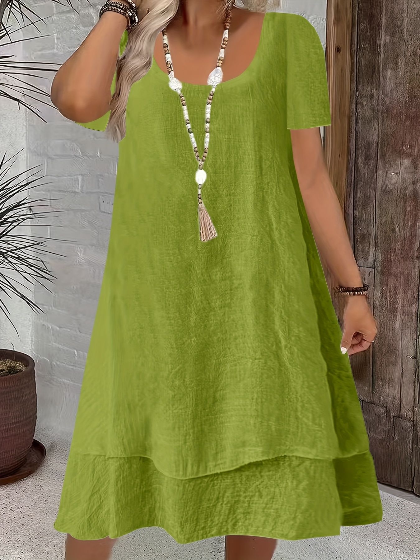 Women's Casual Loose Short Sleeve Solid Crewneck Double-Layer Dress