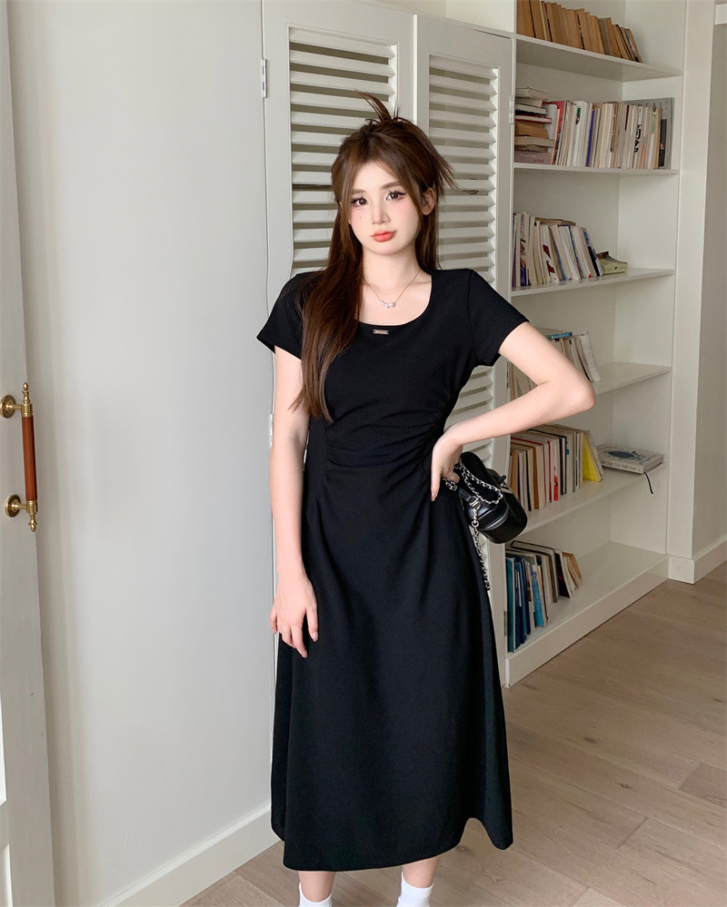 Women's French Tea Break A-Line Midi Dress Short Sleeve Round Neck Solid Color