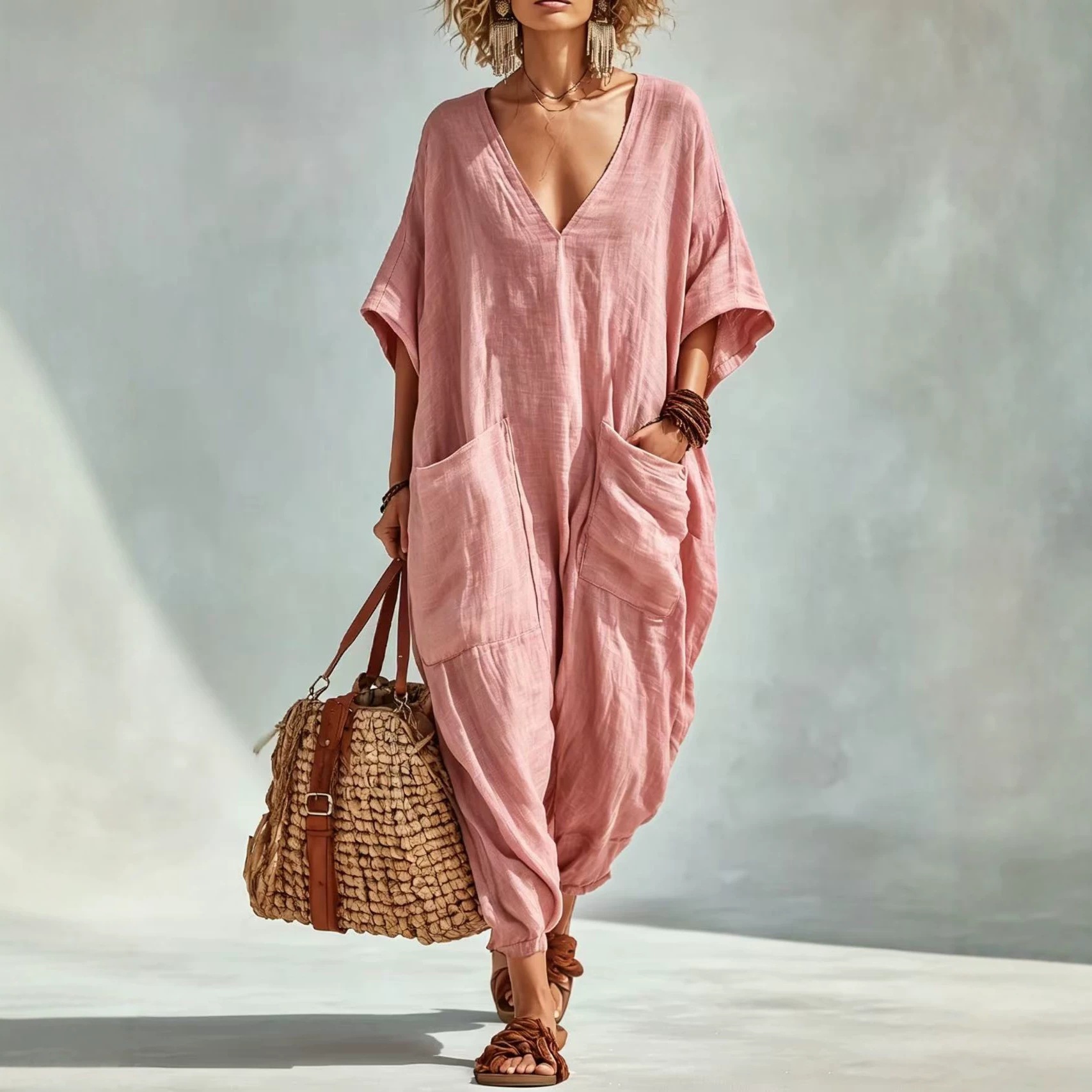 Women's Loose V-Neck Linen-Blend Jumpsuit with Pockets, Lantern Pants, Beach Vacation