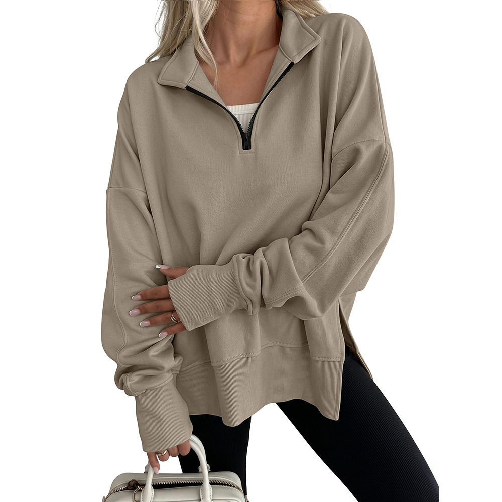 Women's Half-Zip Long-Sleeve Sweatshirt with Side Slit