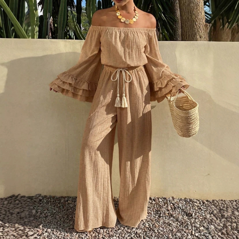 Off-Shoulder Ruffle Two-Piece Vacation Set