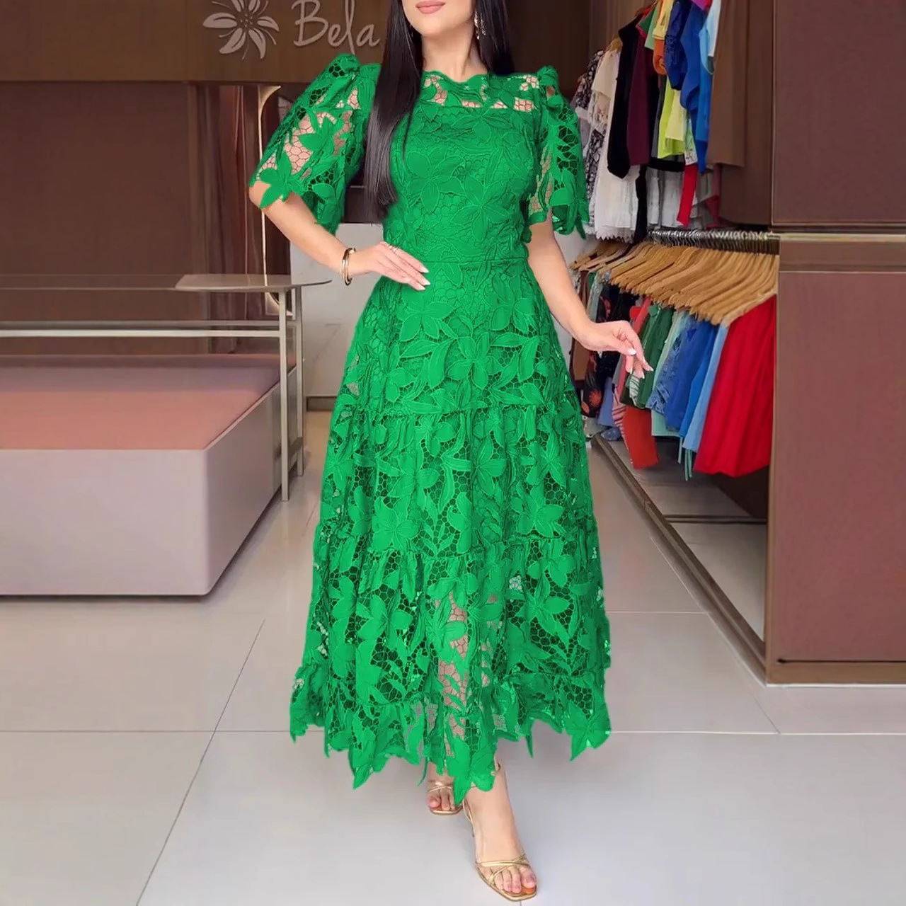 Women's Elegant Round Neck Hollow Lace Dress