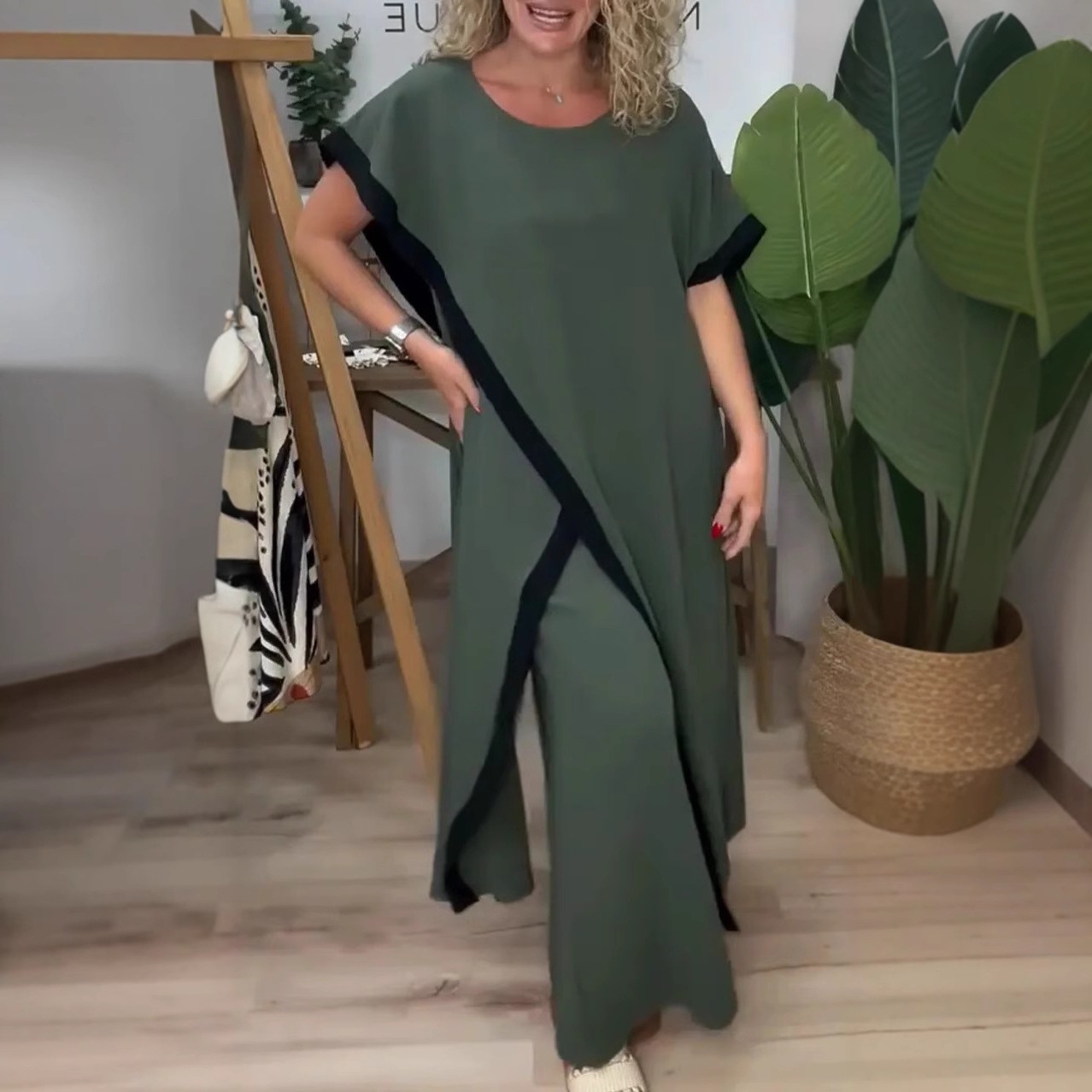 Color-Block Loose Long Dress Set with Pants, Green