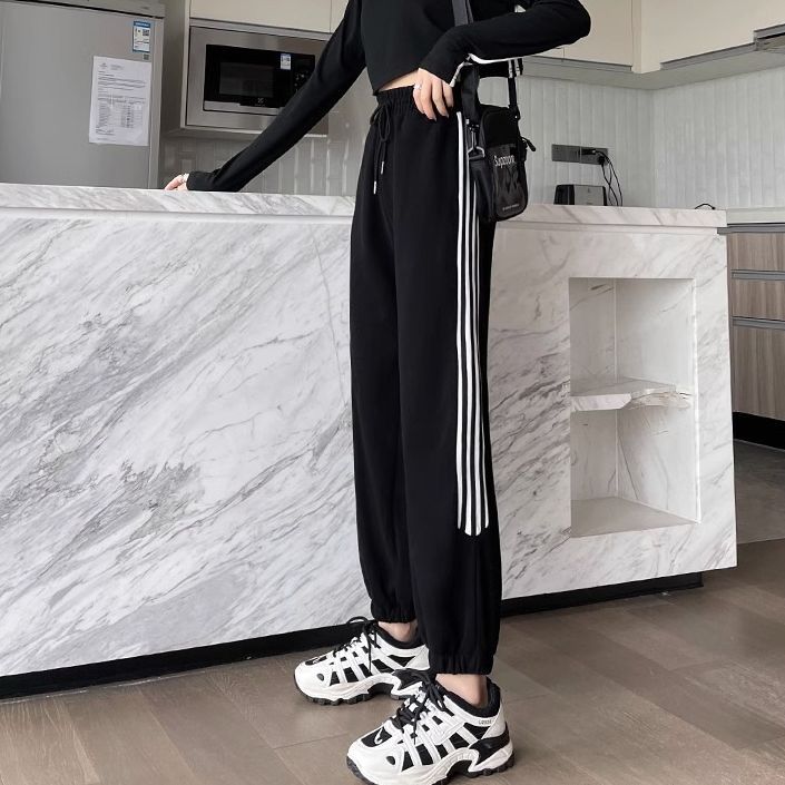 Women's Korean Style Loose Wide-Leg Sweatpants with Four Stripes