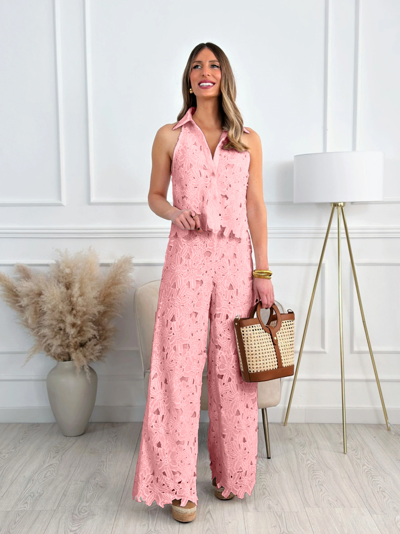 French Embroidered Cutout V-Neck Tank Top and Wide-Leg Pants Set