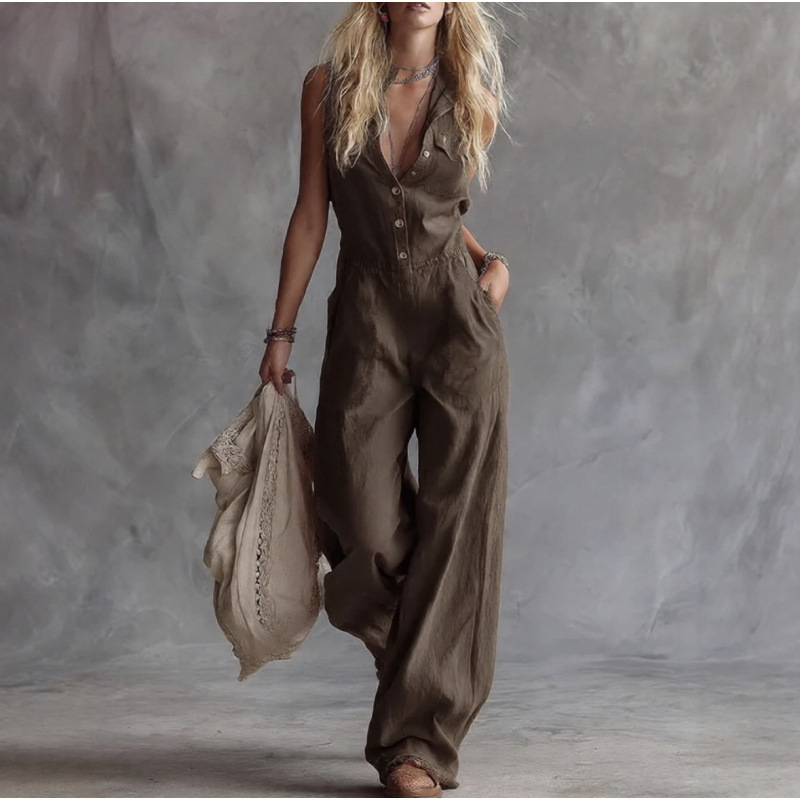 Sleeveless Button-Front V-Neck Wide-Leg Jumpsuit