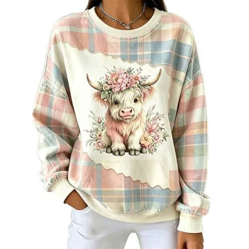 Women's Bull Head Floral Print Crewneck Sweatshirt Casual Pullover