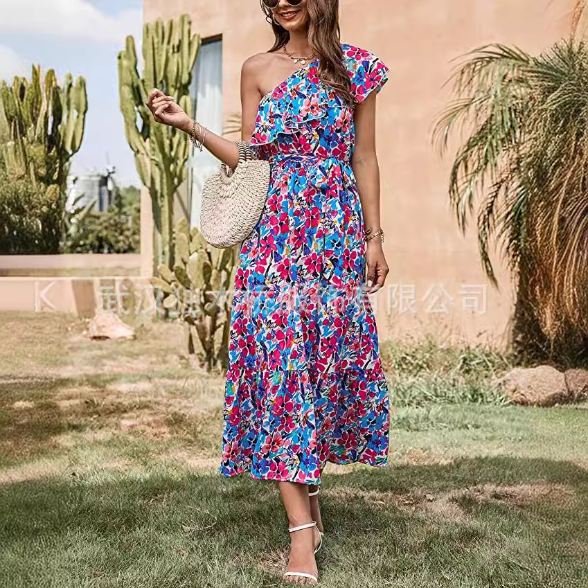 Women's One-Shoulder Sleeveless Boho Floral Print A-Line Maxi Dress