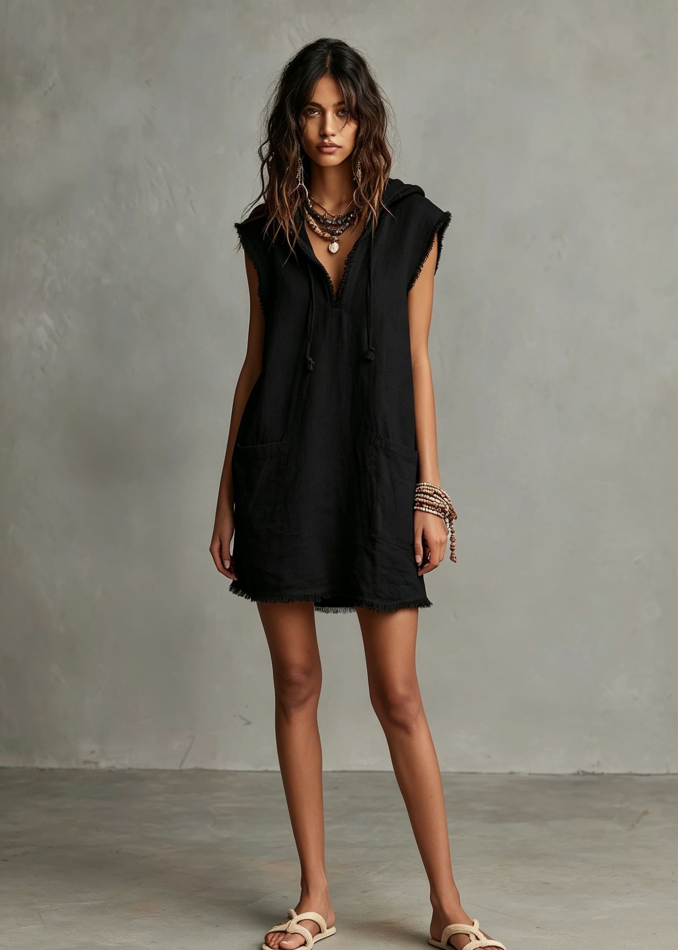 Women's V-Neck Linen Blend Mini Dress with Hood Sleeveless Raw Hem