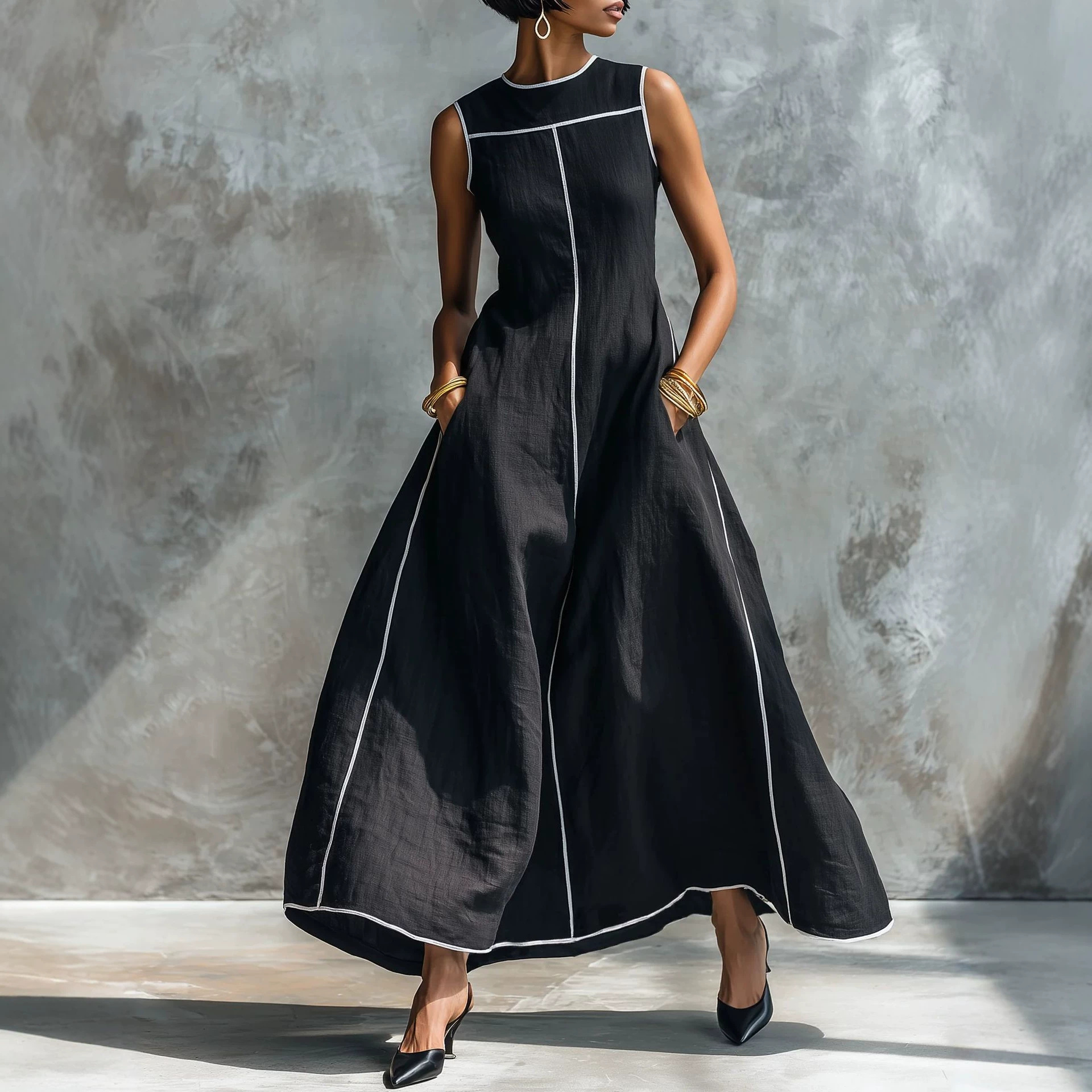 Minimalist Color-Block Trim Sleeveless A-Line Dress