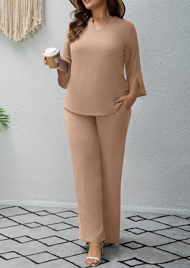 Women's Solid Color Two-Piece Set with Three-Quarter Sleeve Top and Wide-Leg Pants