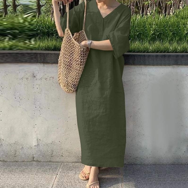 Women's Loose V-Neck Short Sleeve Cotton Linen Maxi Dress Plus Size Solid