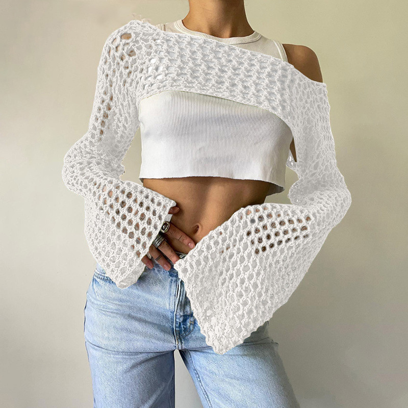 Women's Crochet Mesh Crop Top with Bell Sleeves