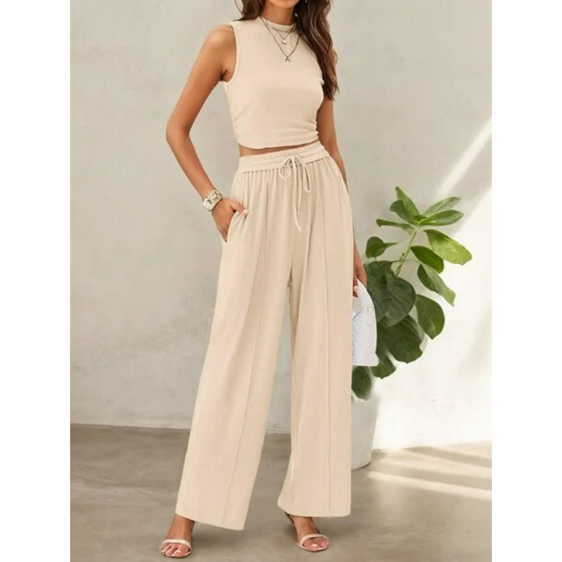 Women's Sleeveless Crop Top and Wide-Leg Pants Two-Piece Set