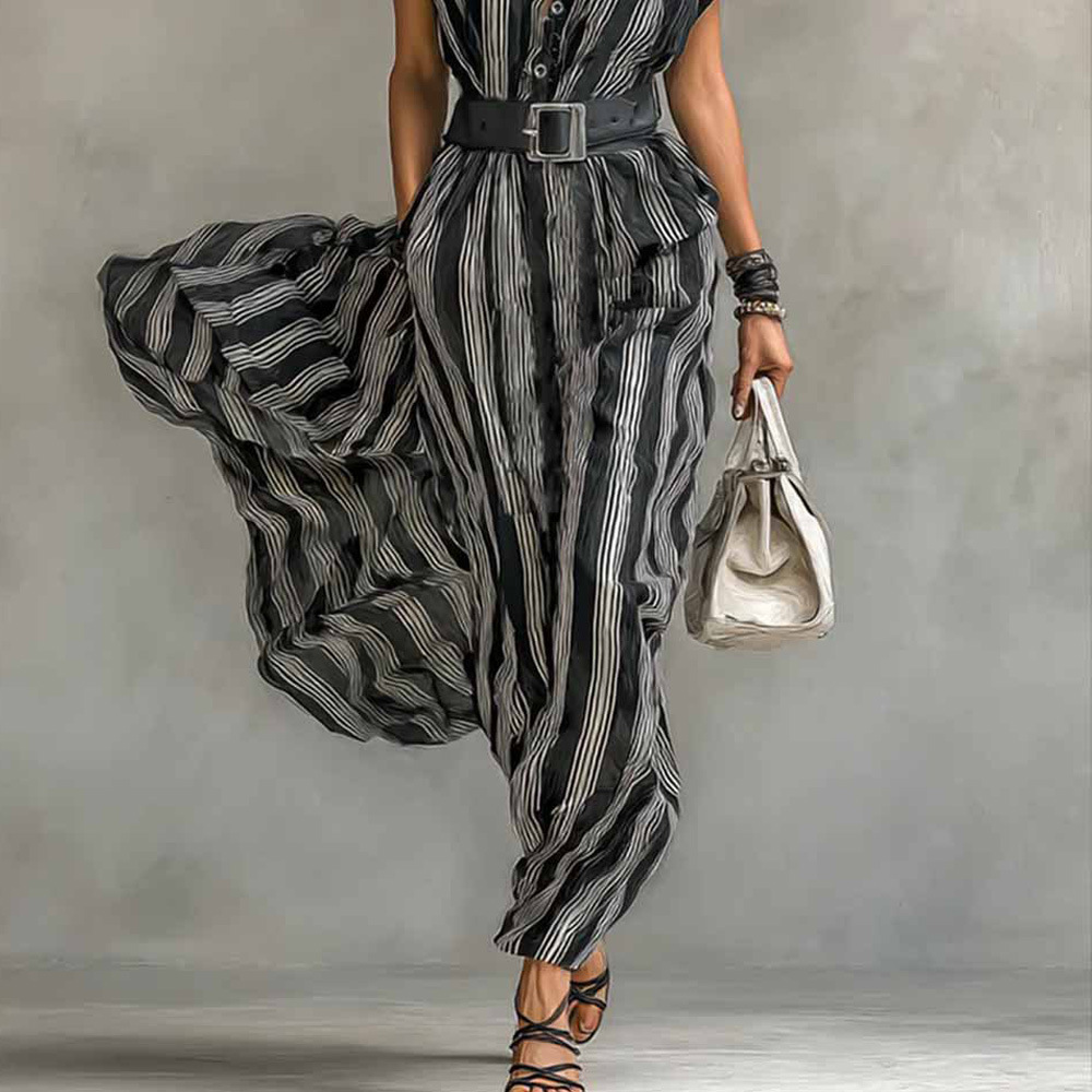 Elegant Short Sleeve Button Shirt Collar Striped Dress