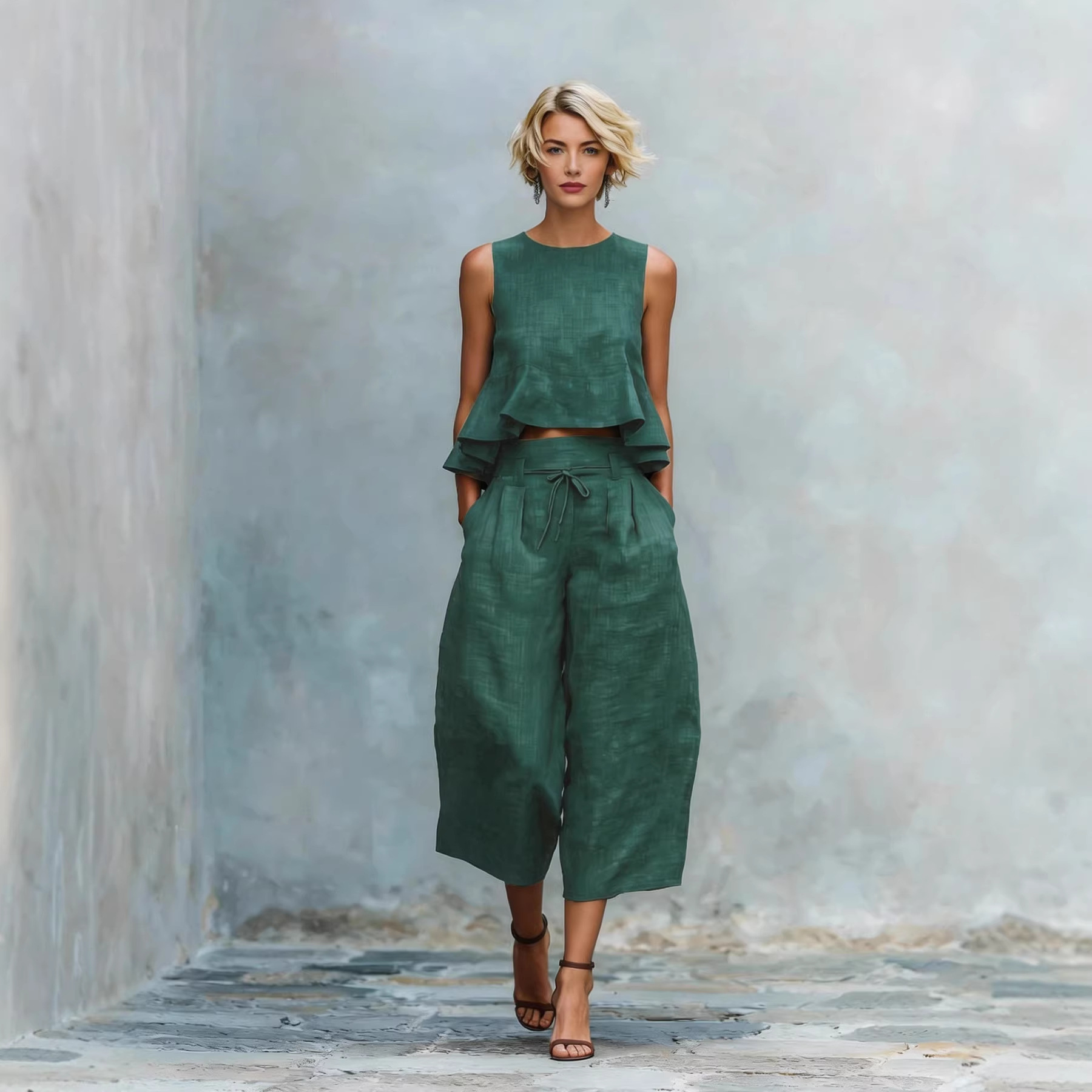 Women's Linen-Blend Two-Piece Set with Ruffle Sleeveless Top and Capri Pants