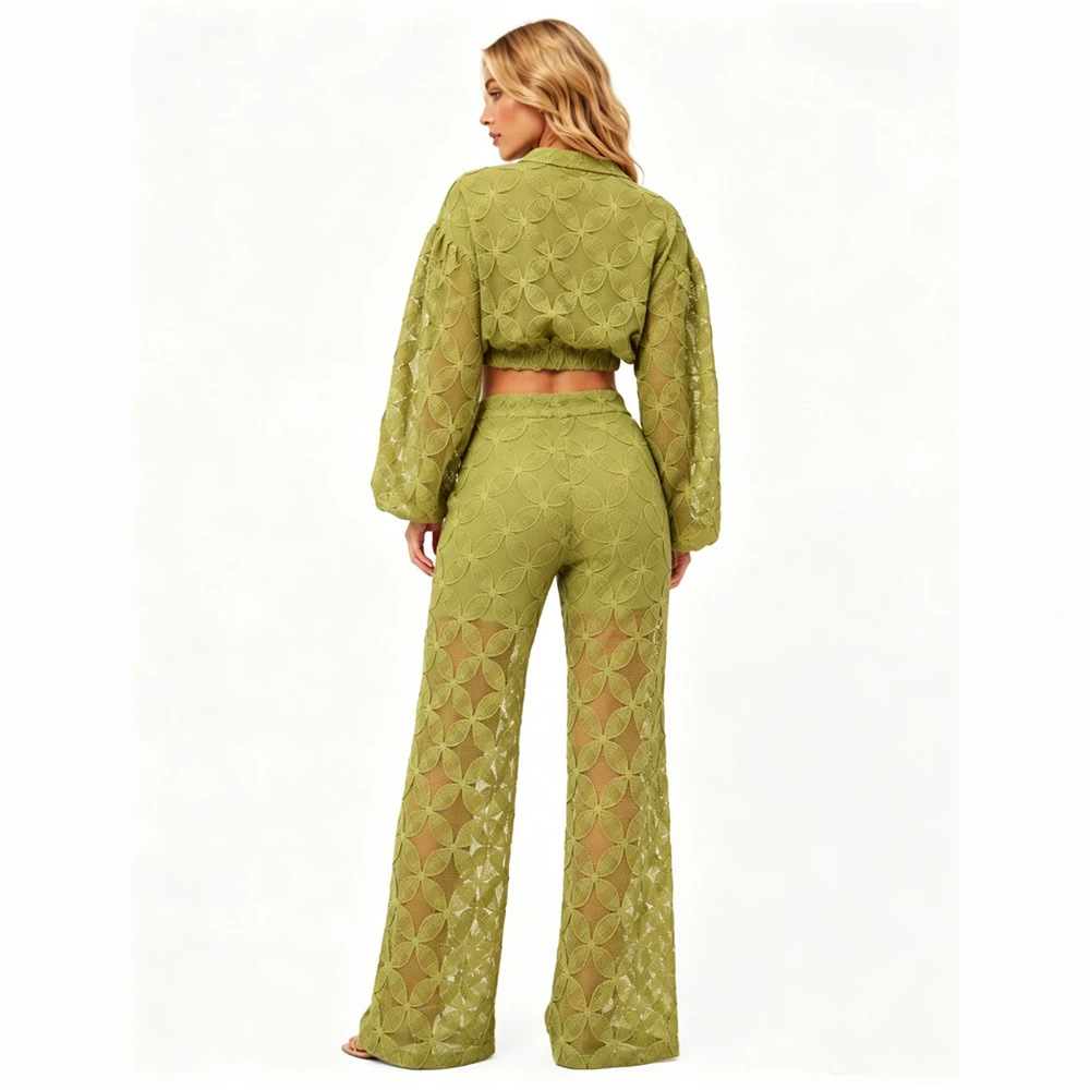 French Vintage Women's Cutout Long Sleeve Top and Pants Set