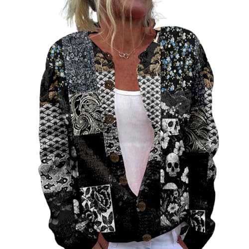 Women's Floral Leopard Snowflake Leaf Print Button Cardigan Sweater