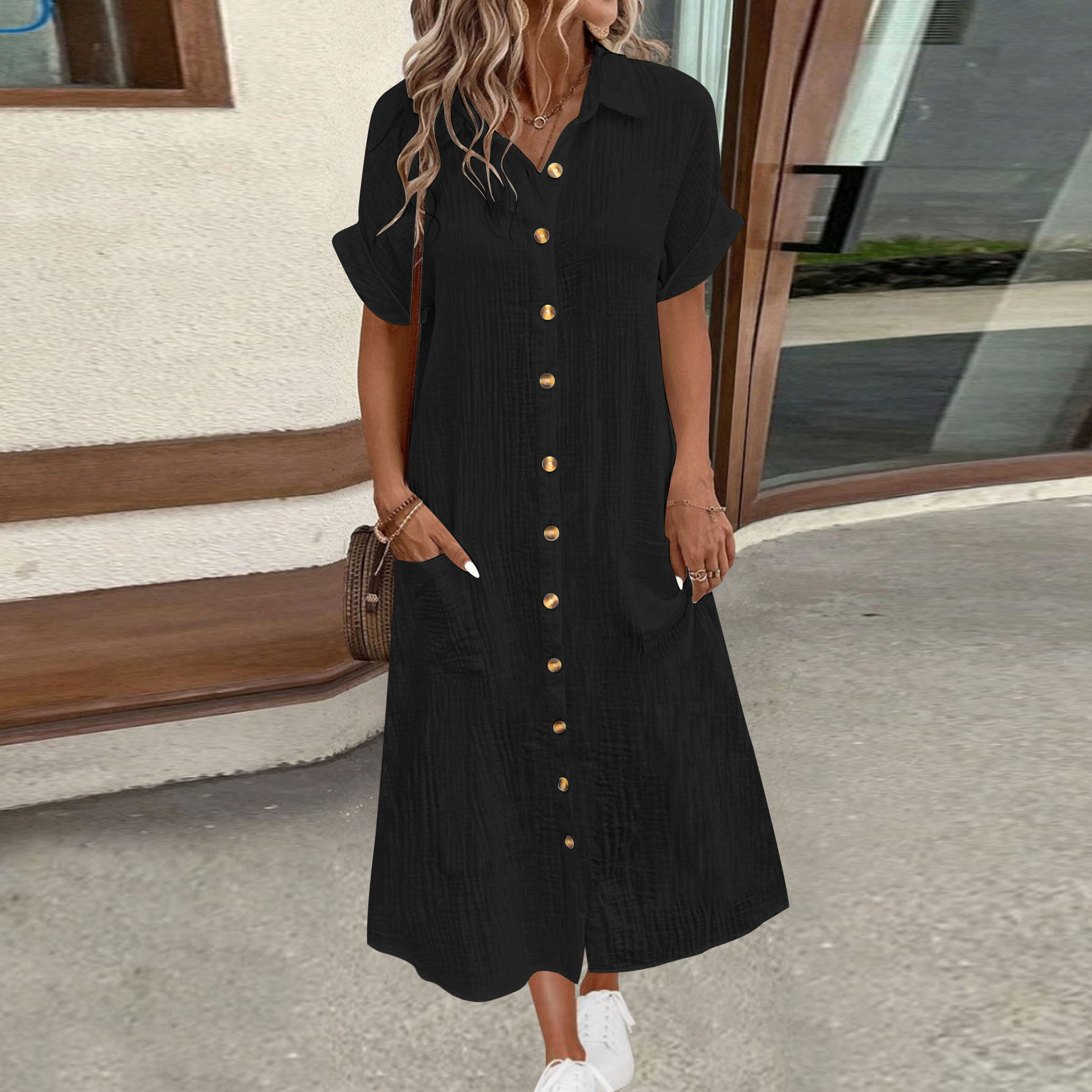 Women's Short Sleeve Long Shirt Dress Solid Color Casual