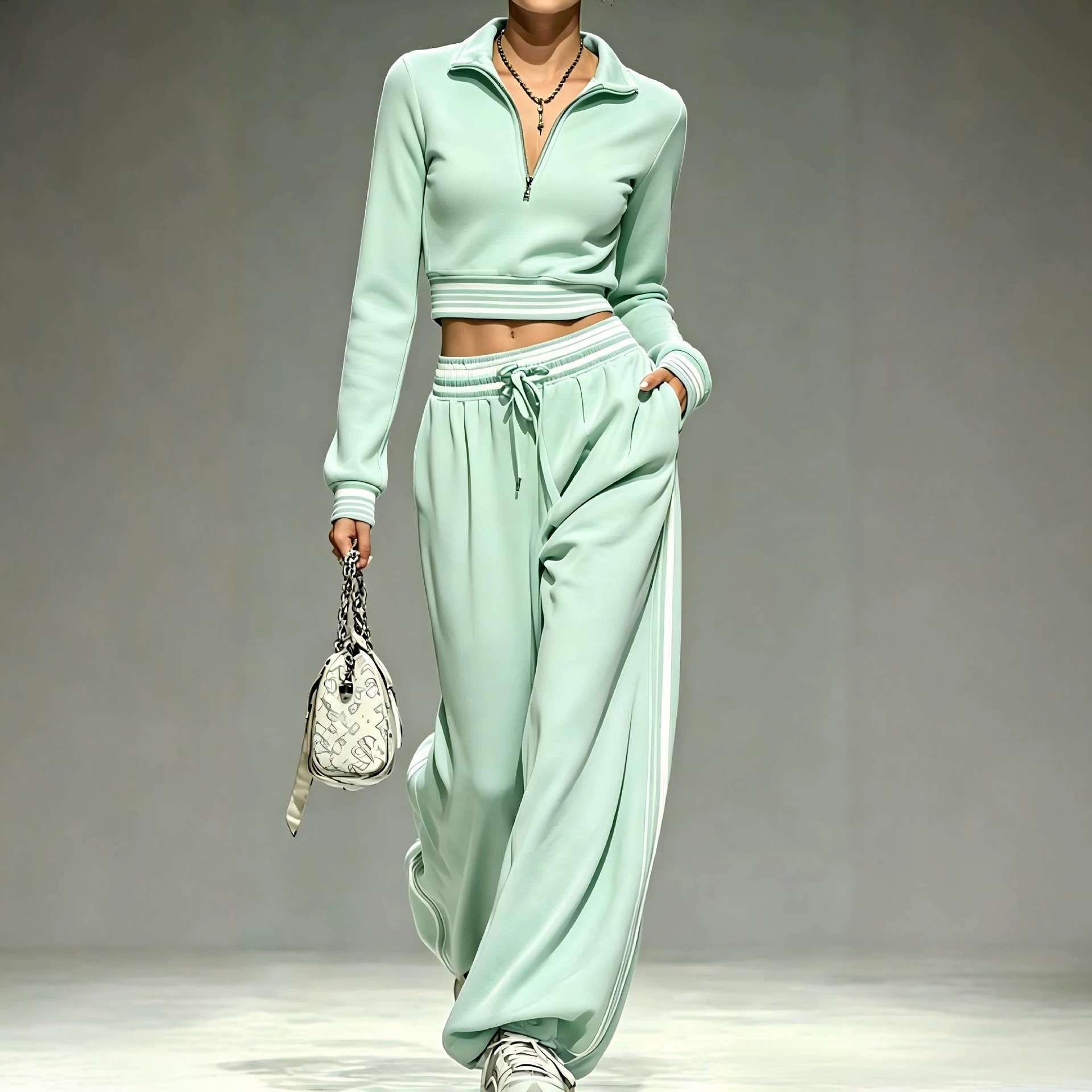 Solid Color Zip-Front Collared Women's Two-Piece Pants Set