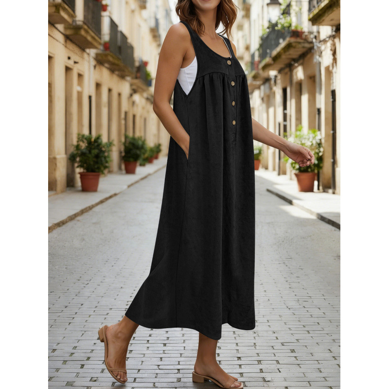 Women's Sleeveless Button A-Line Loose Long Dress Casual