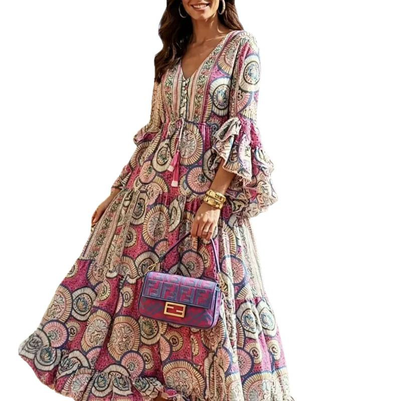 Women's V-Neck Waist-Cinching Floral Print Long Dress