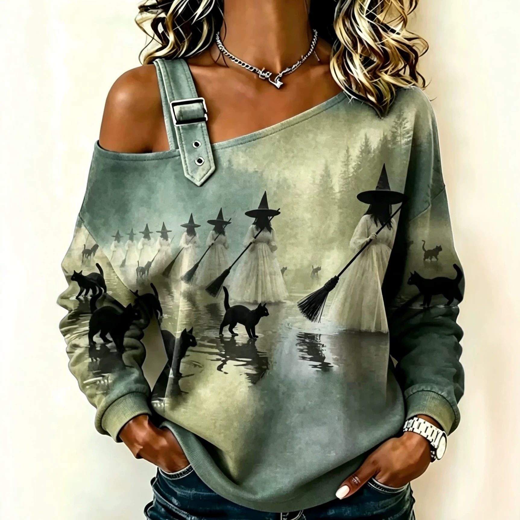 Halloween Witch Cat Print Crewneck Long-Sleeve Lace-Up Sweatshirt