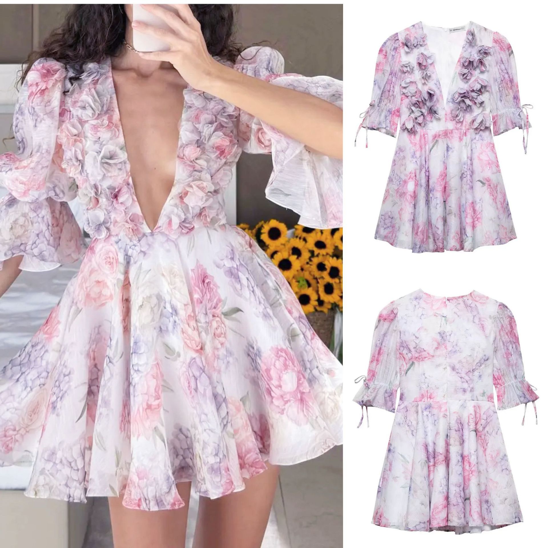 Women's Short Sleeve Chiffon Floral Dress