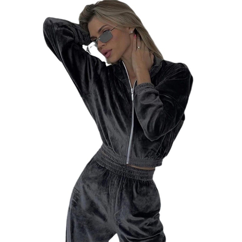 Women's Long Sleeve Zip-Up Collared Sweatshirt and Pants Set